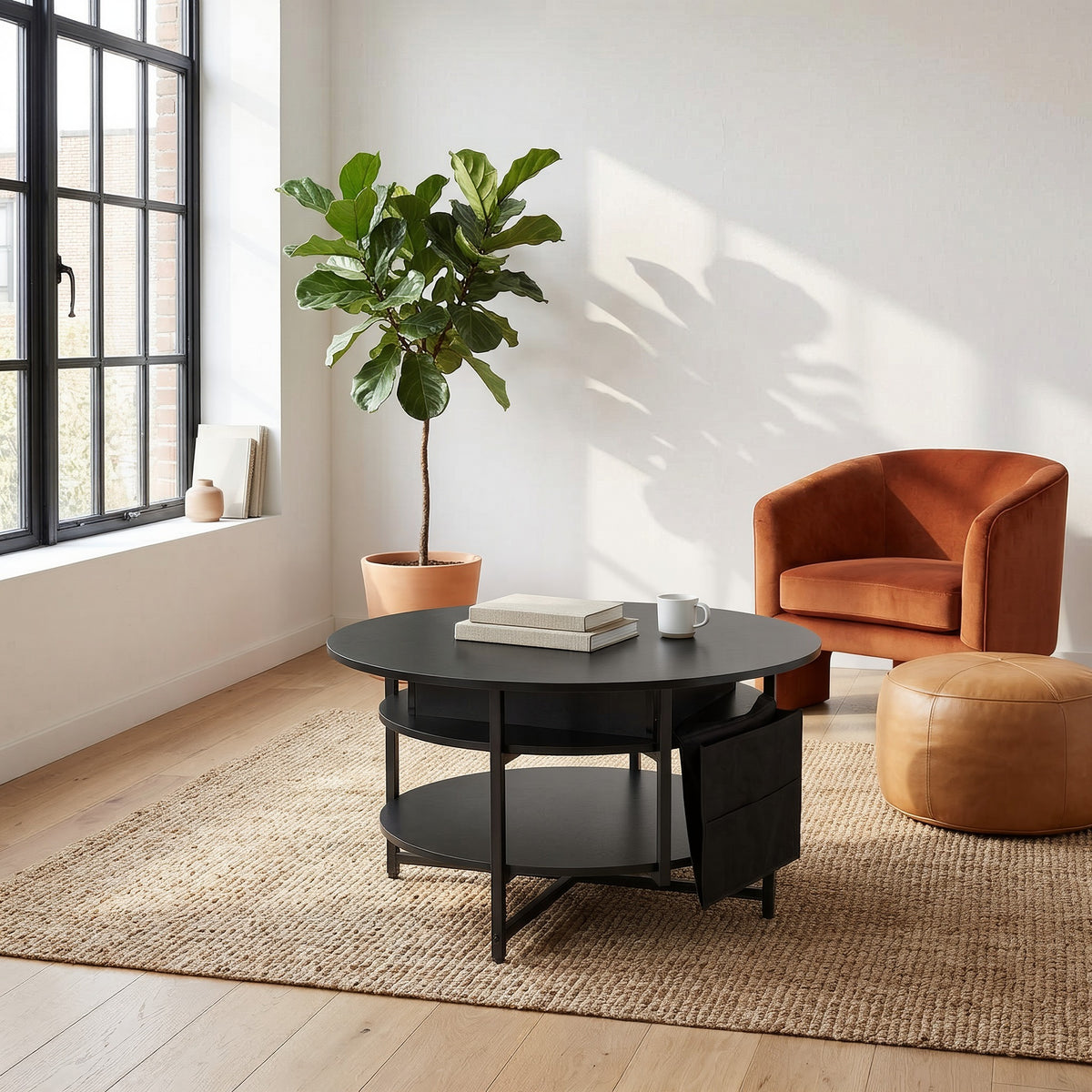 Round black lift-top coffee table on a jute rug in a bright loft living room beside a tall window, with an orange velvet chair and a leather pouf