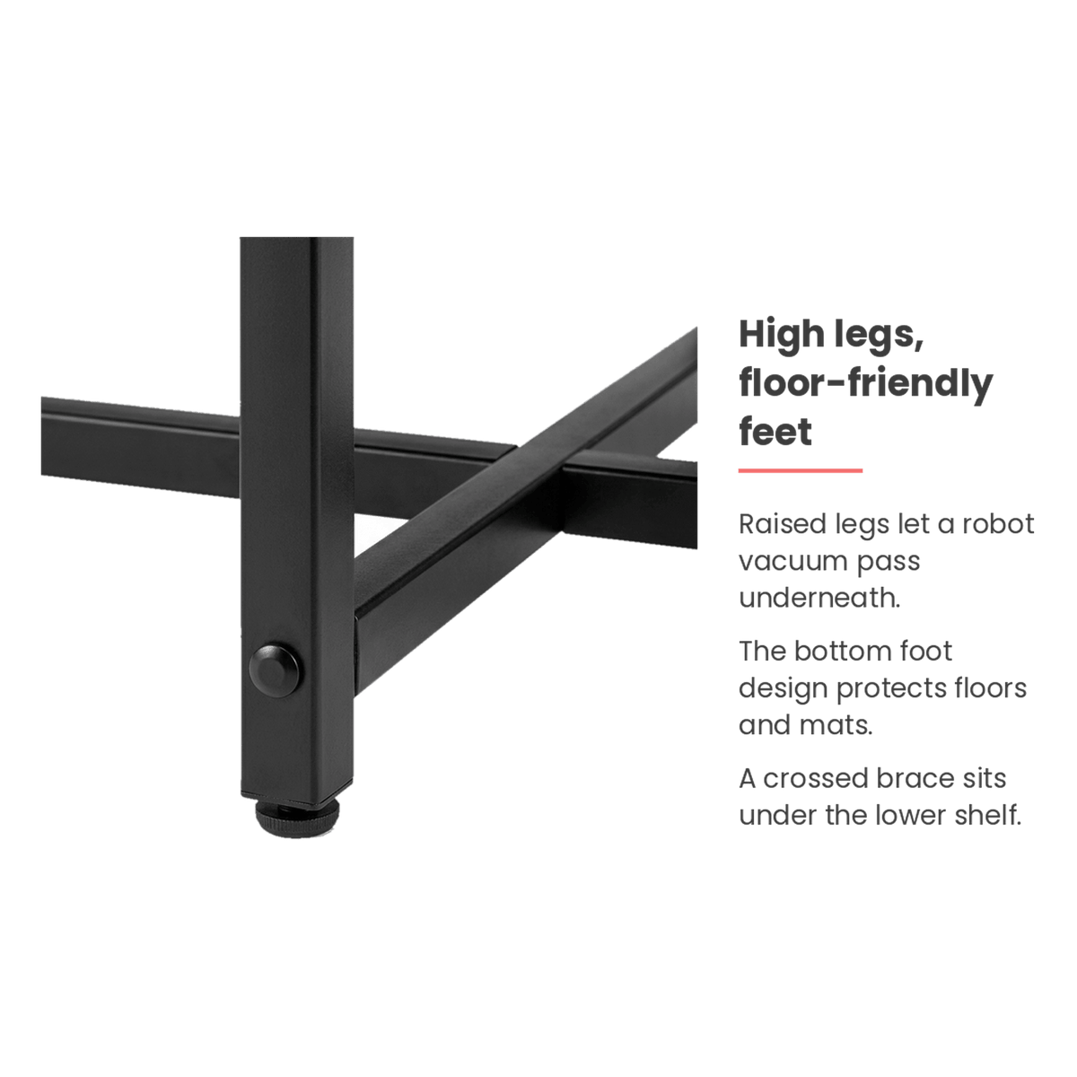 Black metal leg and adjustable foot on the round lift-top coffee table (feature callout)