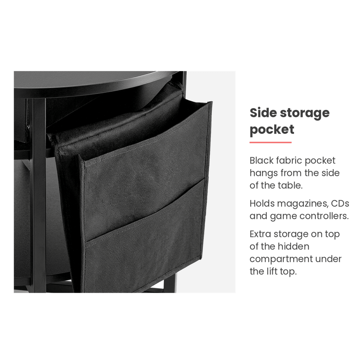 Side pocket on the round lift-top coffee table (feature callout)