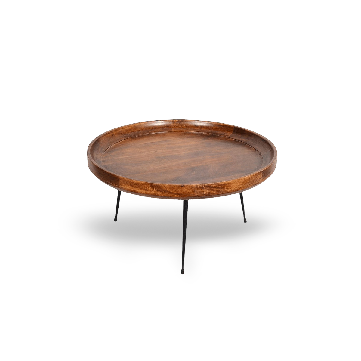 Natural brown round mango wood coffee table with splayed black metal legs on a clean #f3f3f3 background.