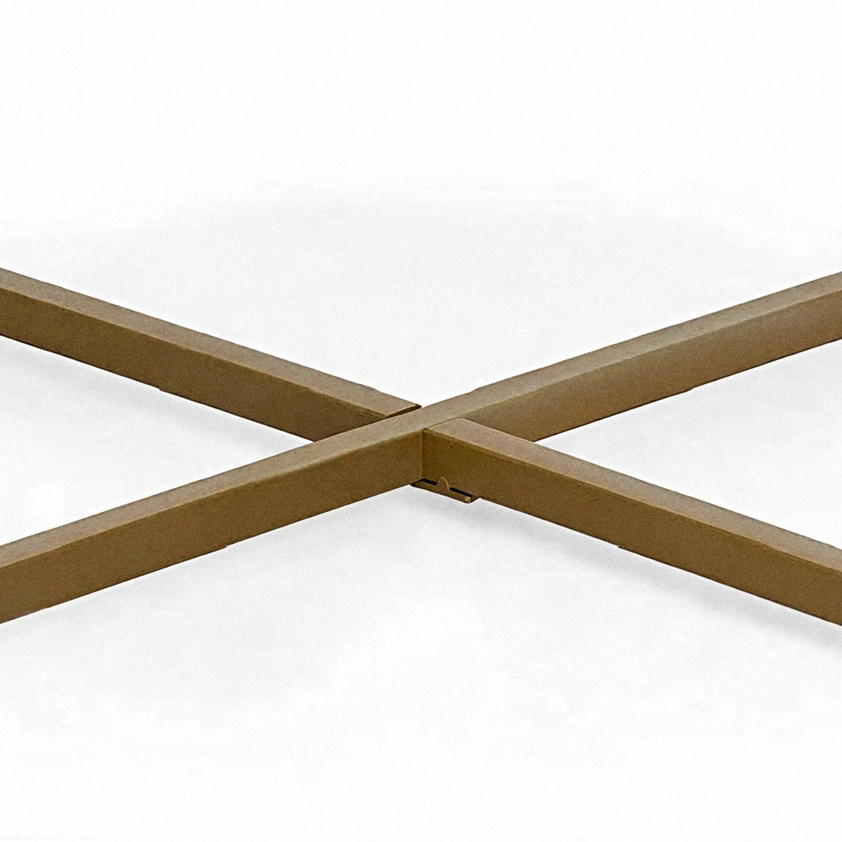 Two gold metal stretchers crossing at the centre joint of the X-base (close-up detail)