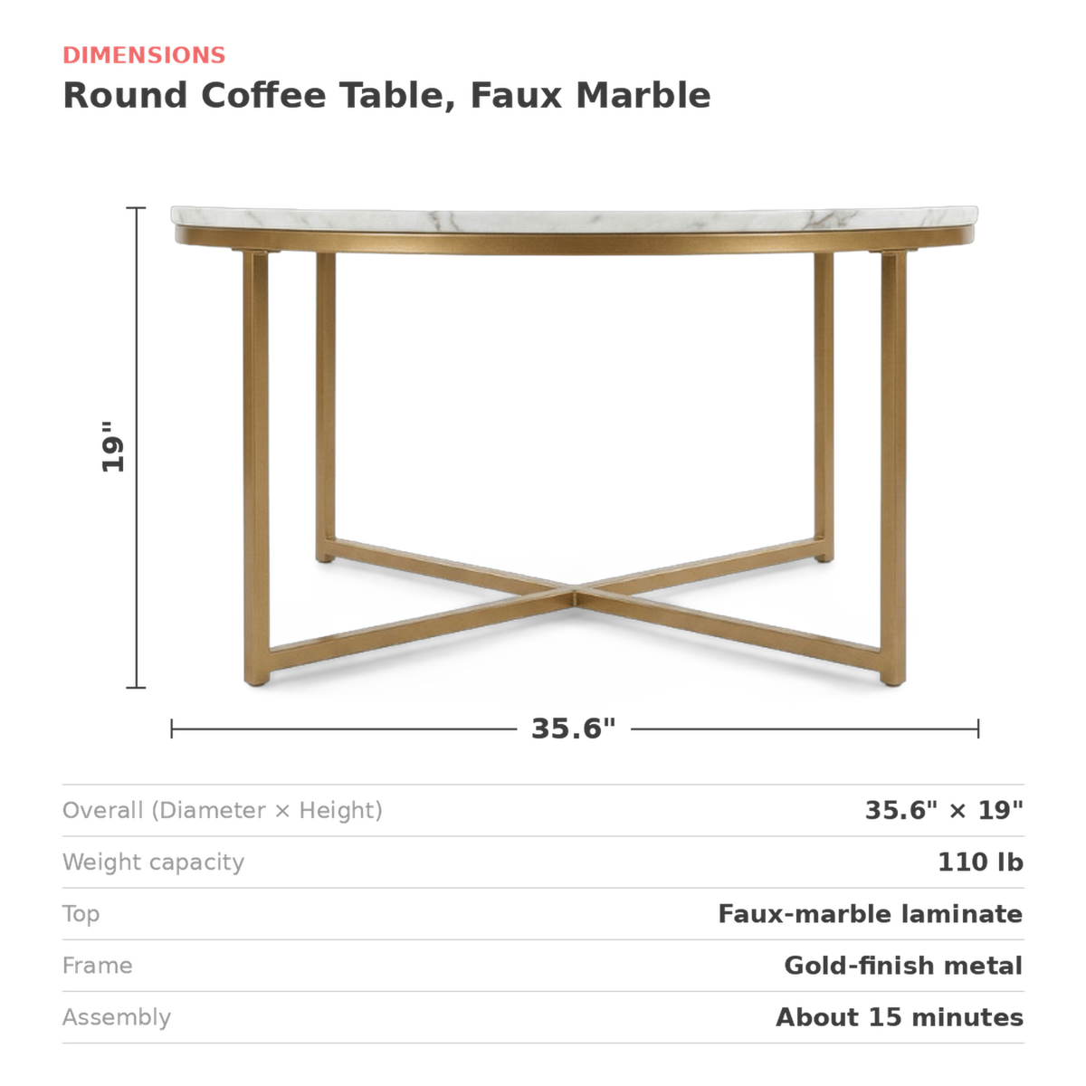 Round coffee table dimensions card showing a 35.6 inch diameter and 19 inch height (dimensions)
