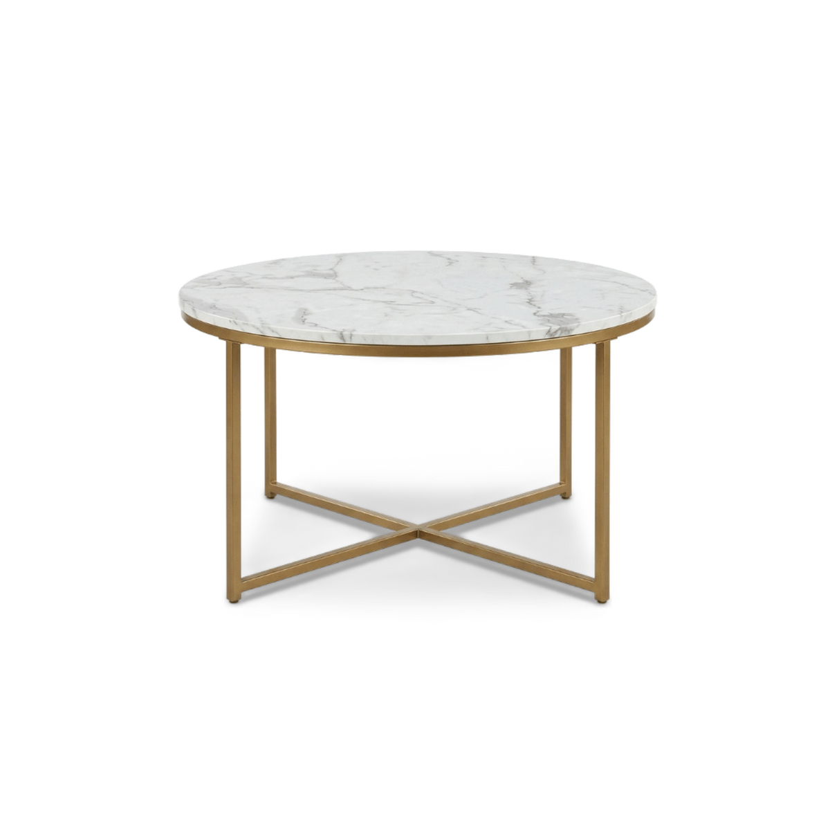 Round marble coffee table with gold legs, white faux-marble top and slim gold X-base, front view