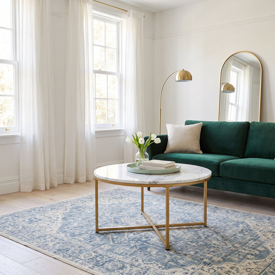 Round Marble Coffee Table With Gold Legs, Faux Marble