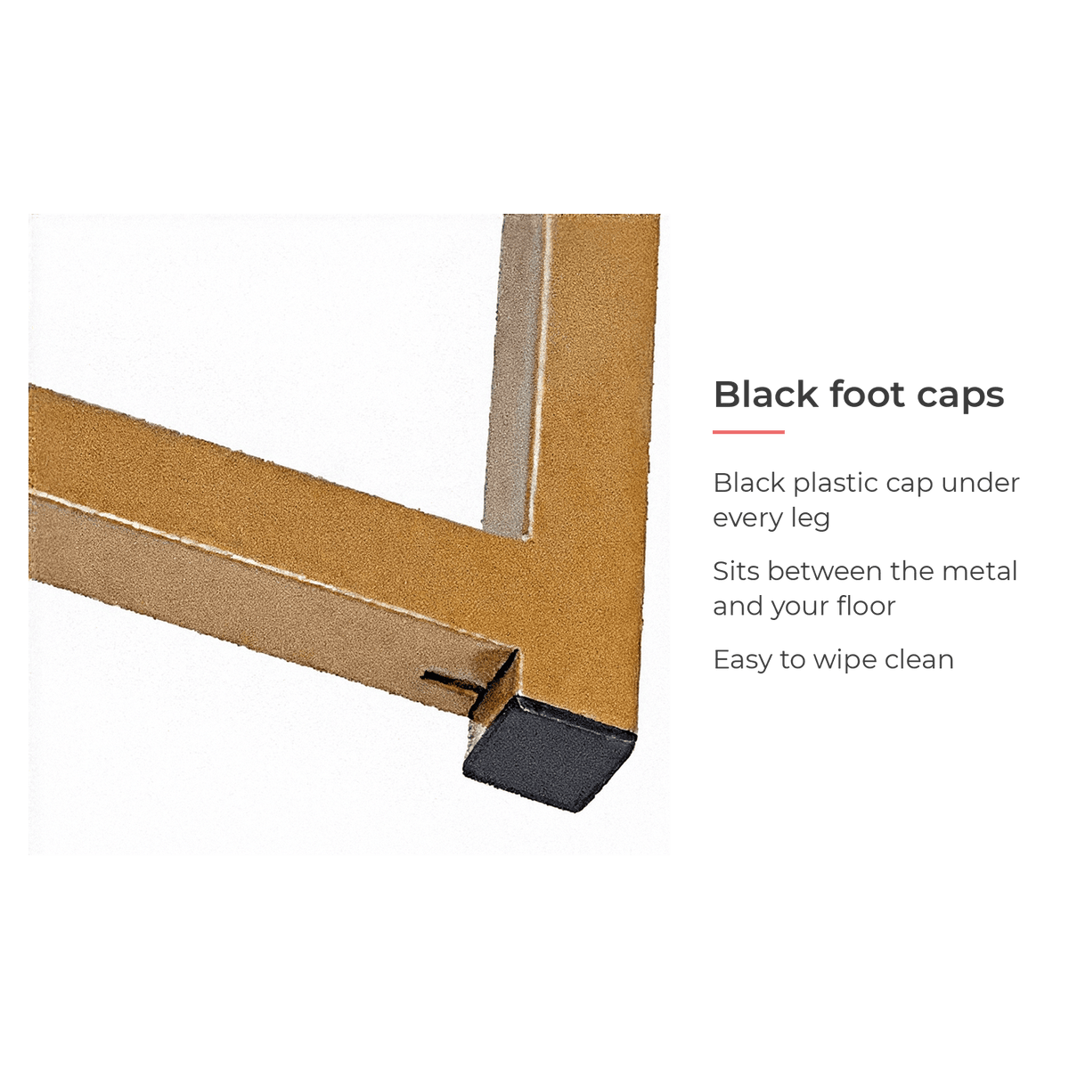 Specification card for the black plastic foot caps (feature callout)