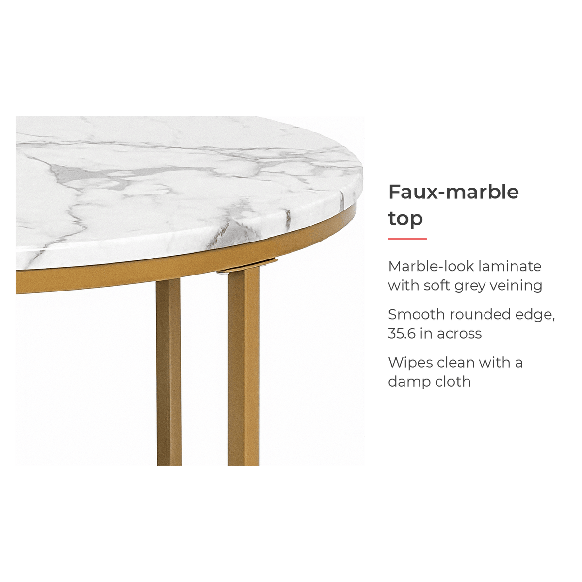 Specification card for the white faux-marble tabletop (feature callout)
