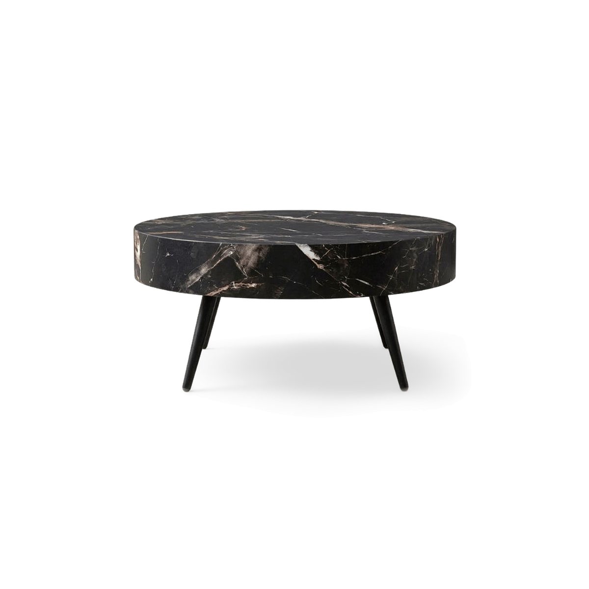 Round marble top coffee table in black finish, front view (plain studio)