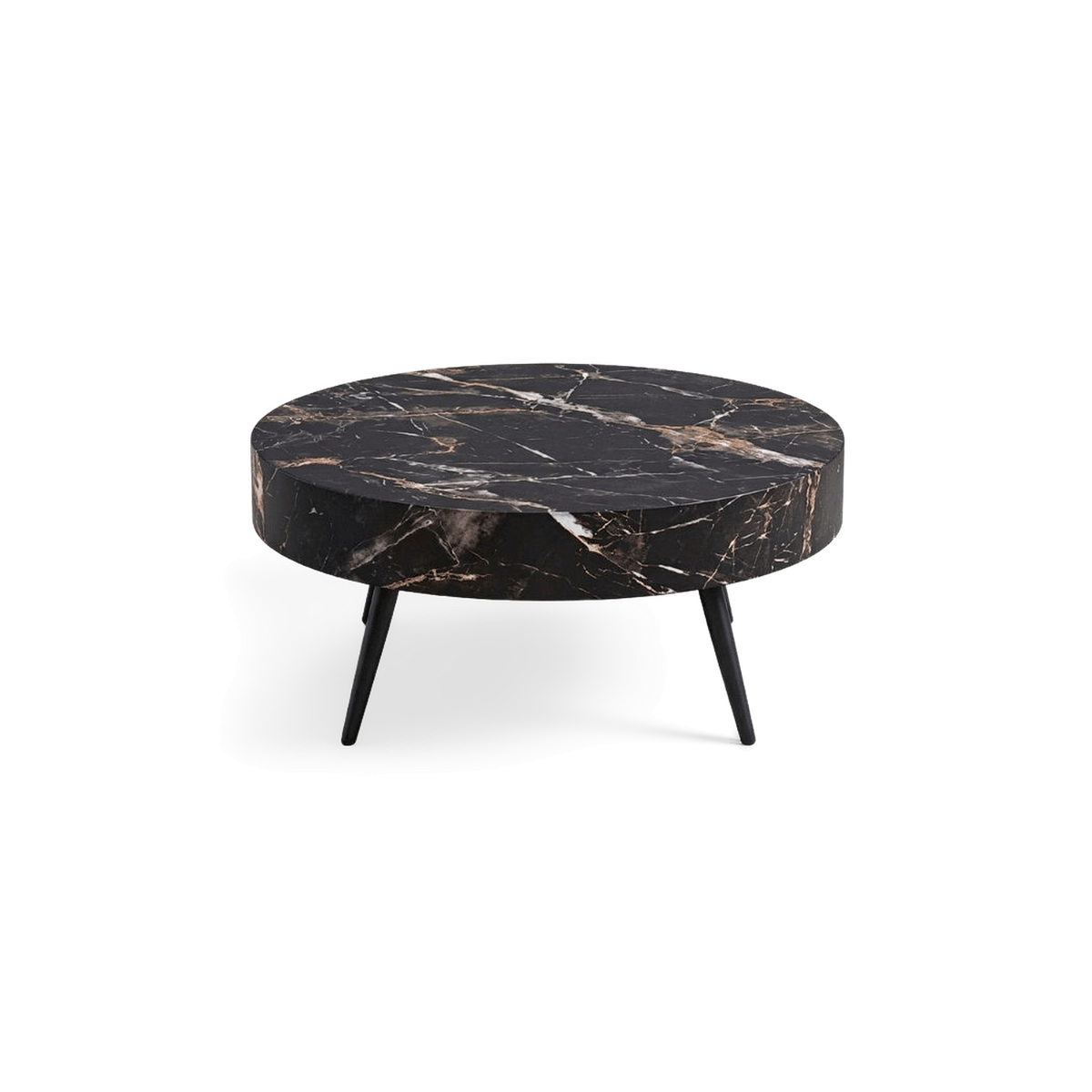 Black marble coffee table with four tapered legs, rotated view (plain studio)