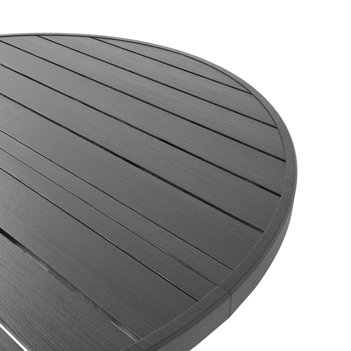 Slatted top of the black round outdoor dining table with a drainage gap between slats (close-up detail)