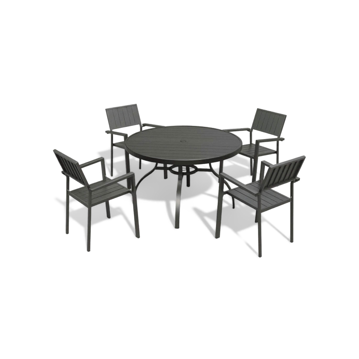 Round outdoor dining set in black with a slatted umbrella-hole table and four stacking armchairs, front view (plain studio)