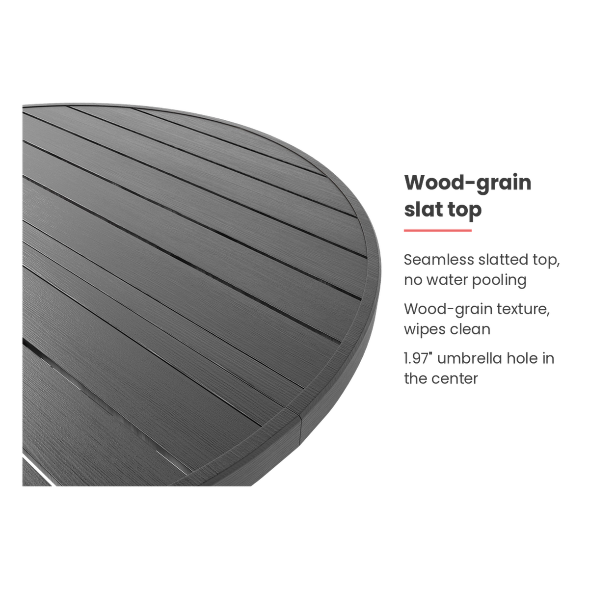 Slatted table top feature card for the round outdoor dining set (feature callout)