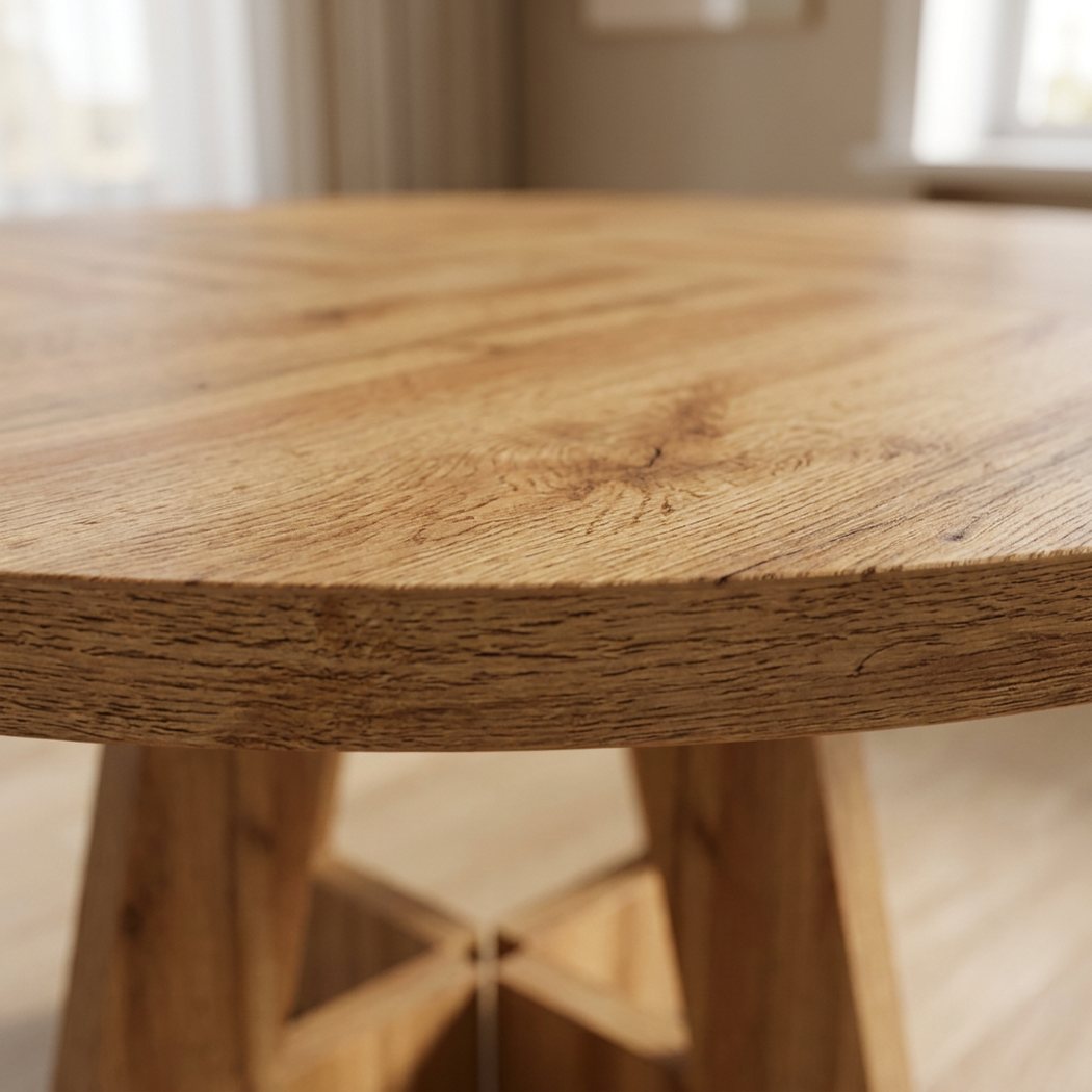 Solid wood grain and rounded edge profile of the 47-inch round pedestal dining table top (close-up detail)