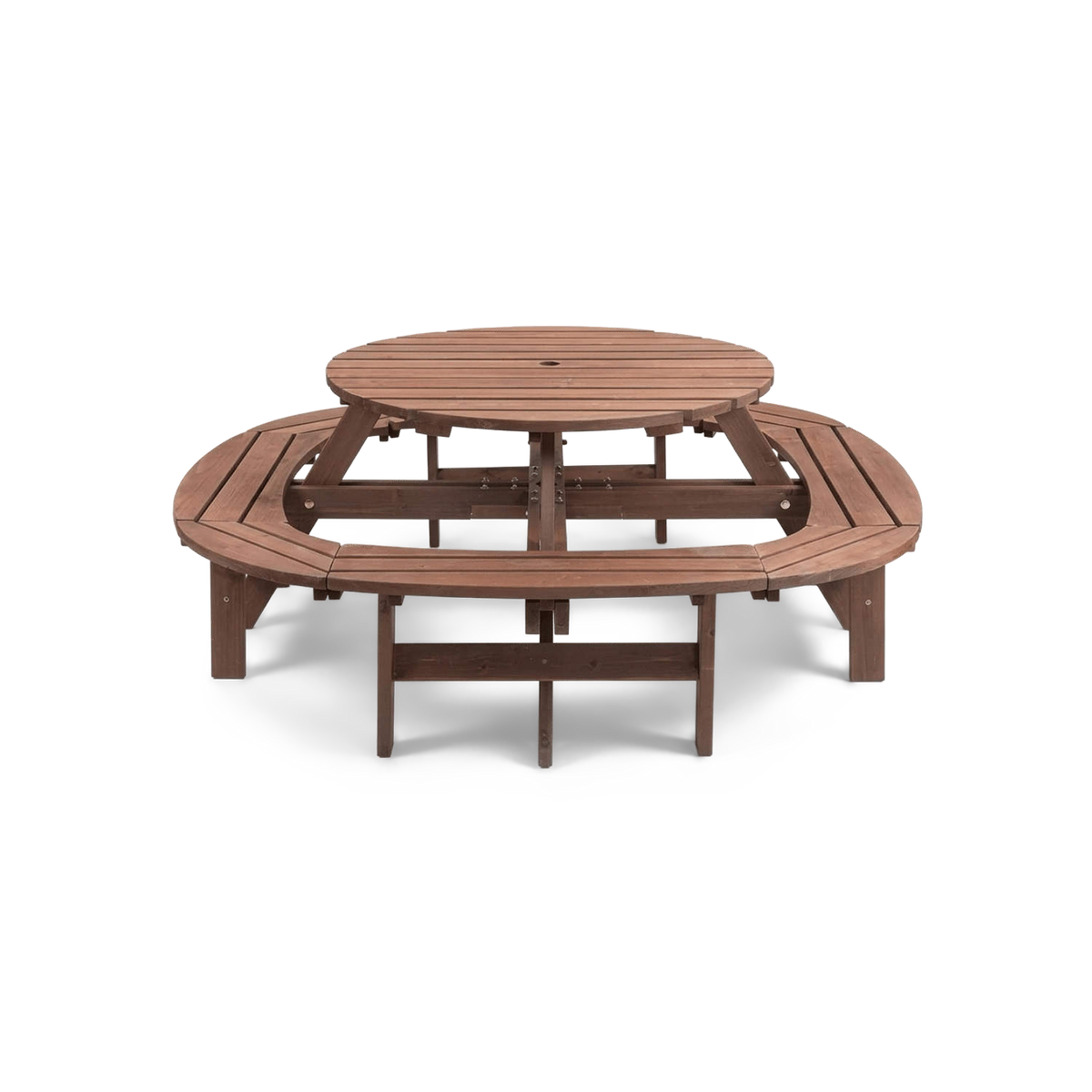 Round picnic table with benches in brown fir wood, 10-person size, ring frame (plain studio)