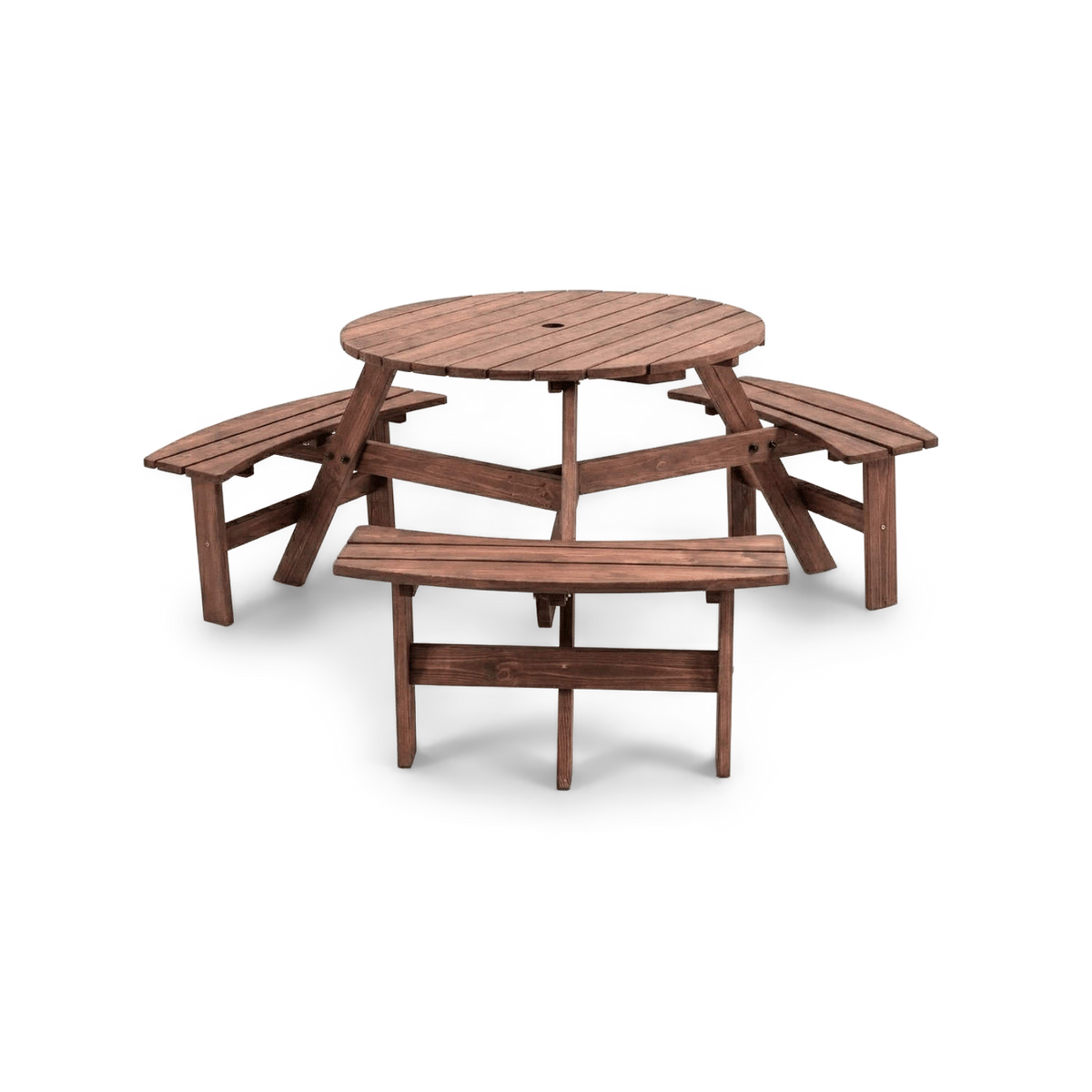 Round picnic table with benches in brown fir wood, 6-person size, front view (plain studio)