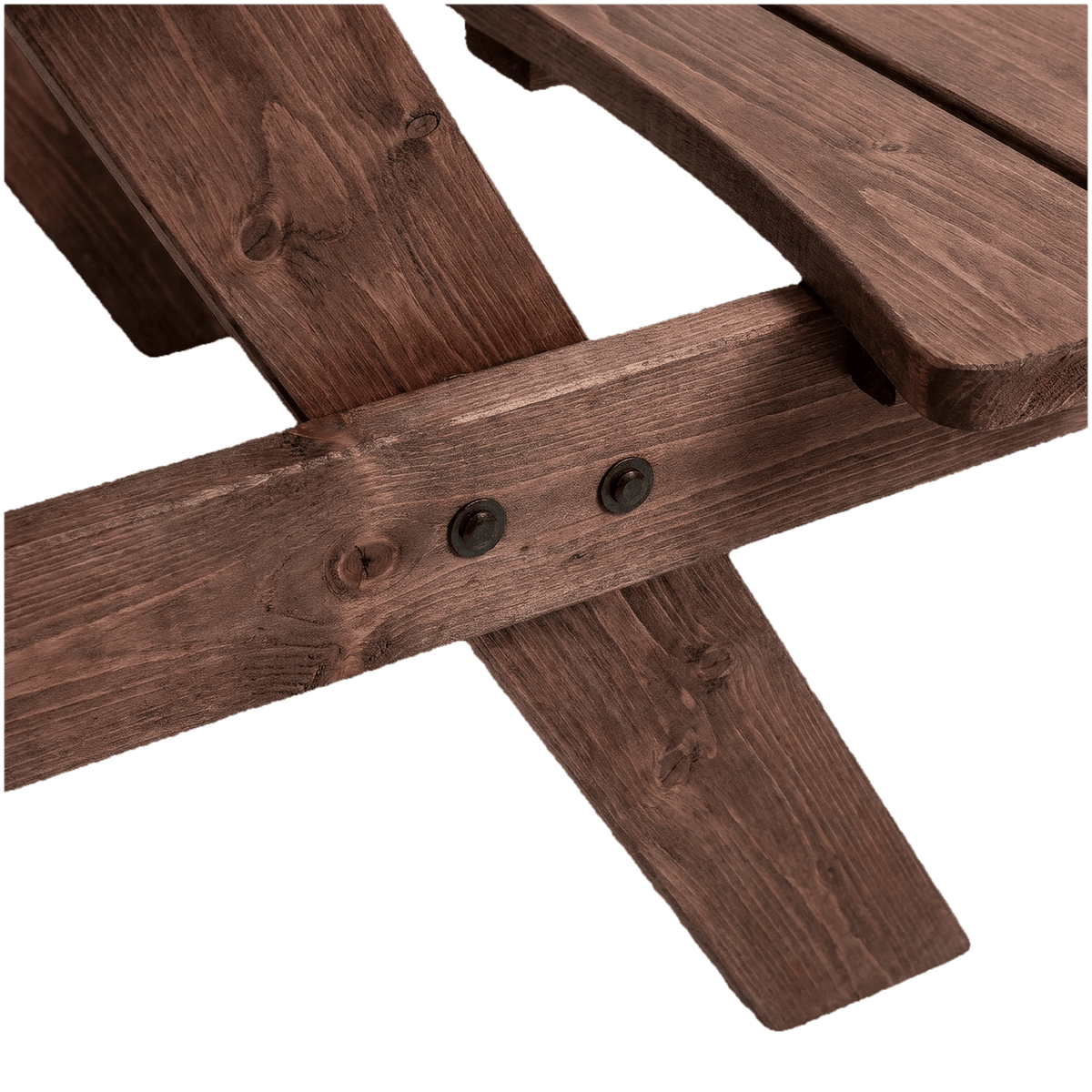 Bolted crossbar joining the legs and bench support in solid fir wood, close-up (close-up detail)