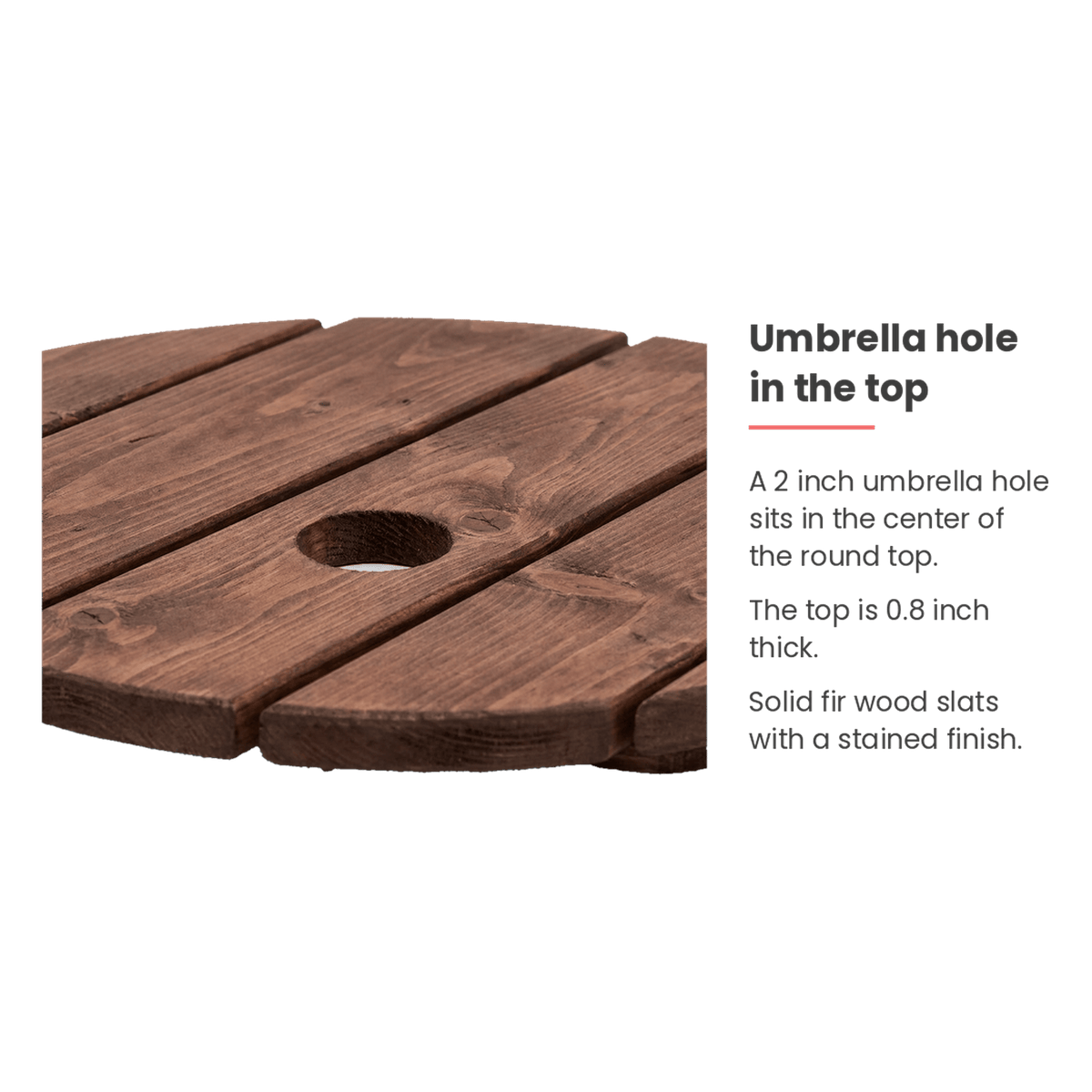 Umbrella hole spec card: 2 inch opening in a 0.8 inch thick fir wood top (feature callout)