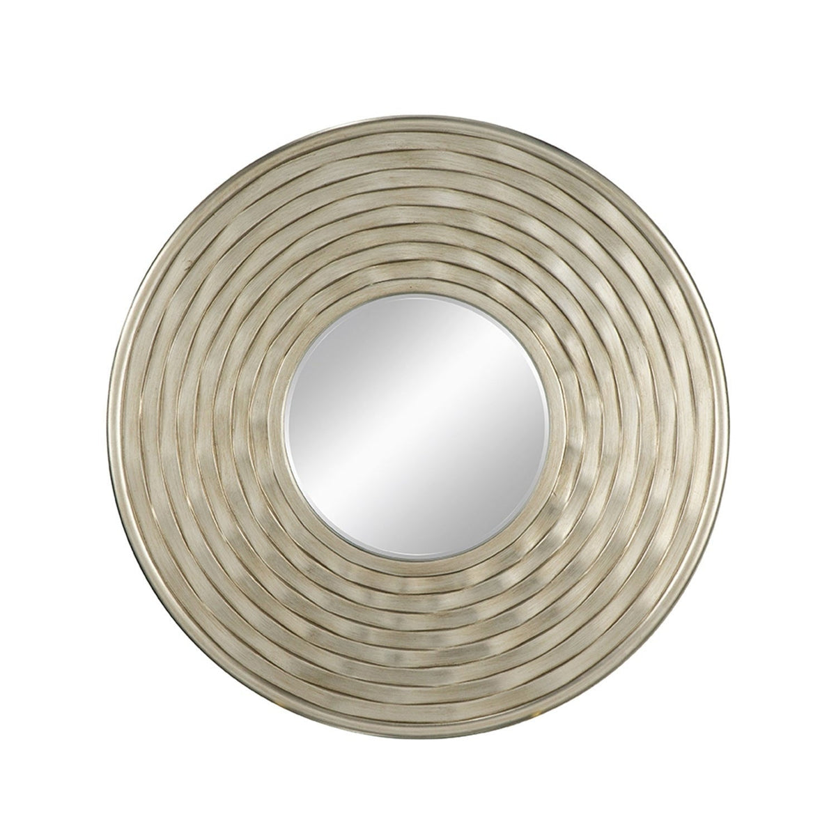 Round silver wall mirror with a rippled sculpted frame and beveled glass, straight front