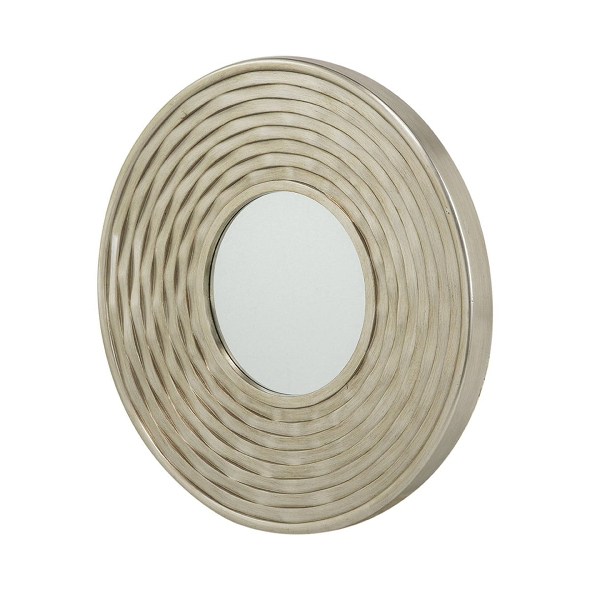 Round silver wall mirror turned to show the depth of its sculpted frame