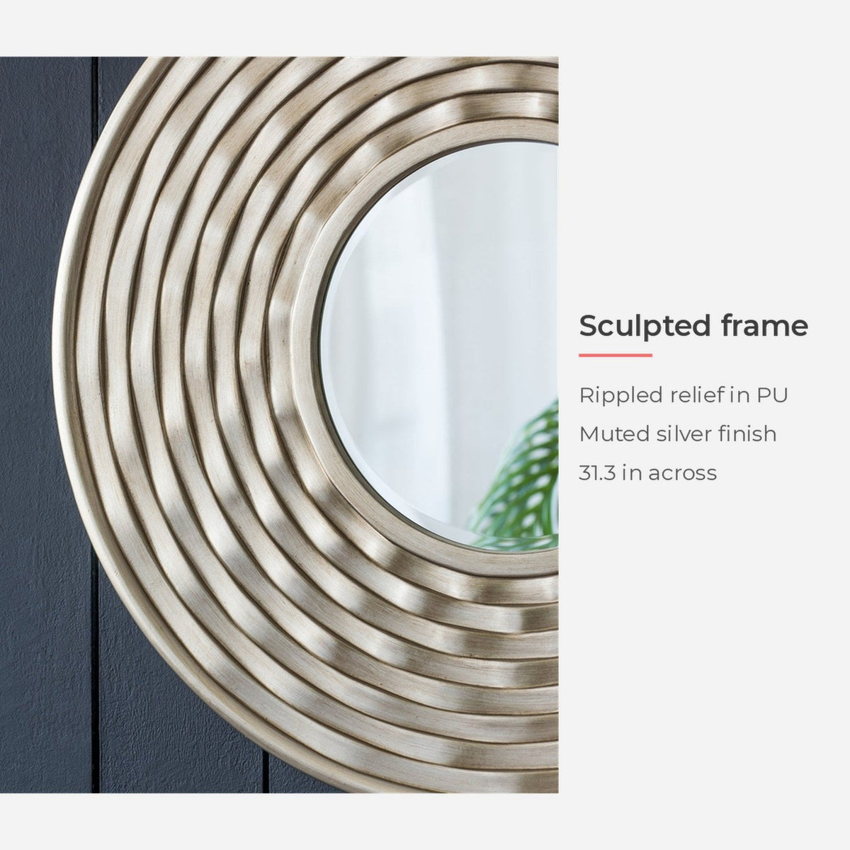 Sculpted rippled frame detail of the round silver wall mirror