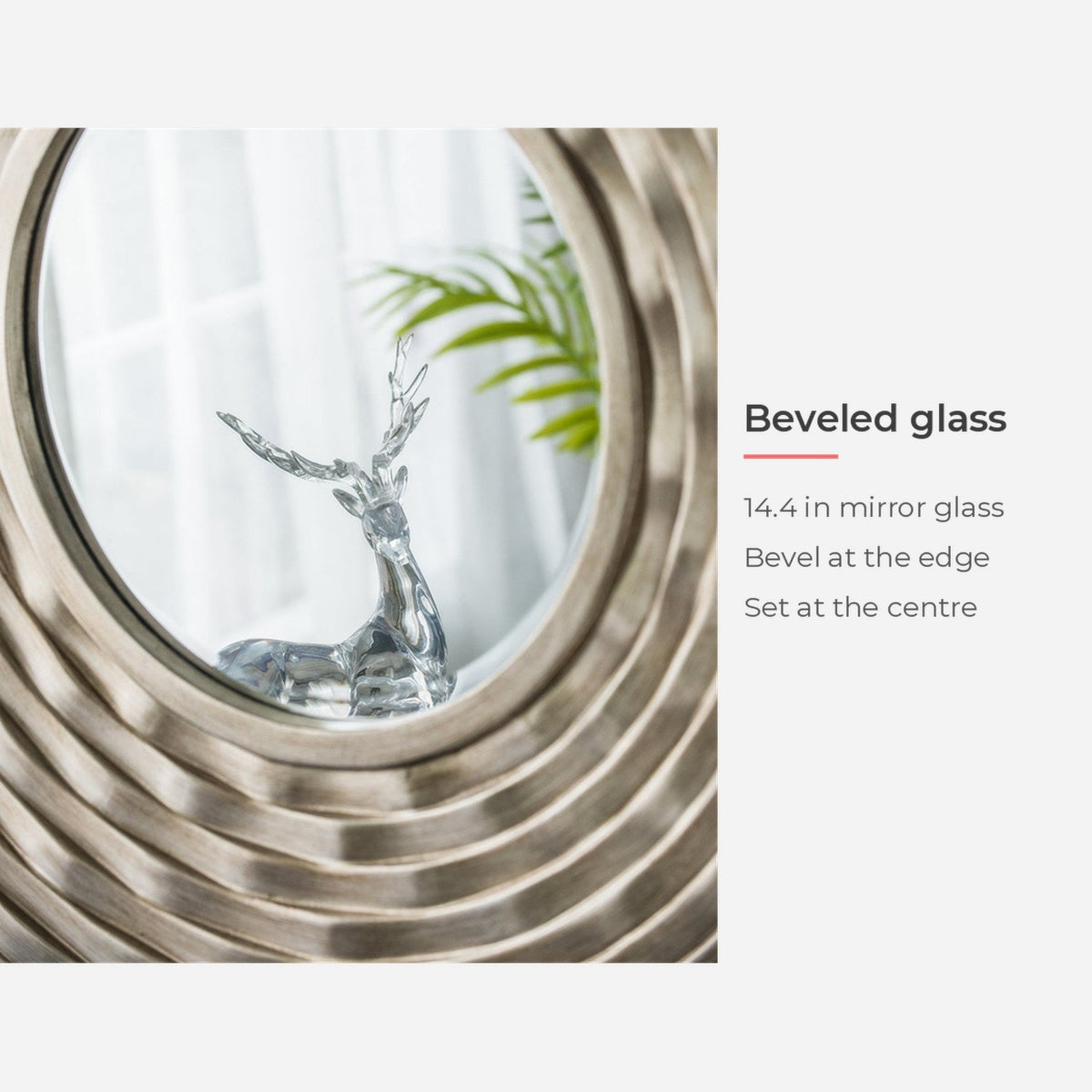 Beveled glass detail of the round silver wall mirror