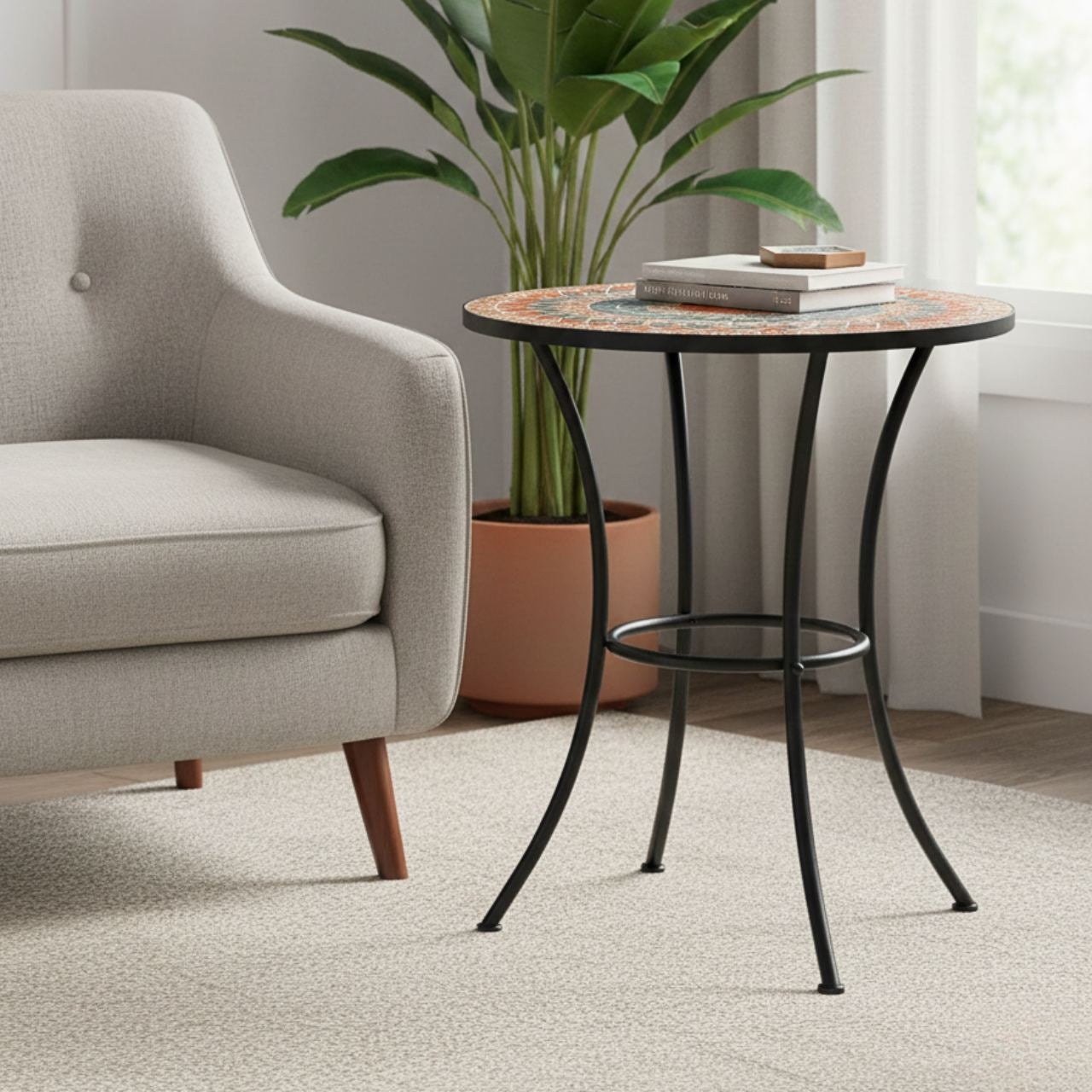 Mosaic Outdoor Table: round compact patio table with grey orange ceramic mosaic top and curved black metal legs