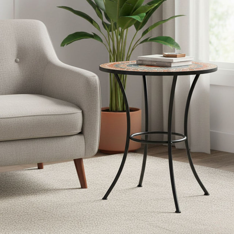 Mosaic Outdoor Table: round compact patio table with grey orange ceramic mosaic top and curved black metal legs