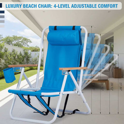Rugged iron frame beach chair in blue weather-ready fabric; high-strength portable seating with an adjustable headrest for maximum durability.
