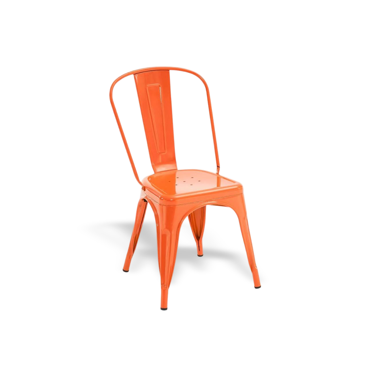 Rust-orange metal dining chair with stackable design, industrial farmhouse style.