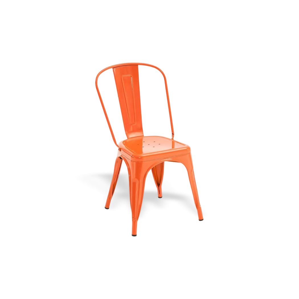 Stackable metal bistro dining chair on a #f3f3f3 studio background