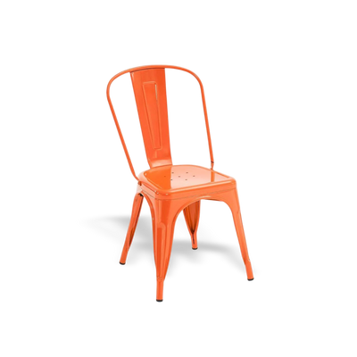Rust-orange metal dining chair with stackable design, industrial farmhouse style.