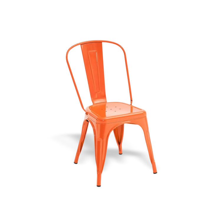 Rust-orange metal dining chair with stackable design, industrial farmhouse style.