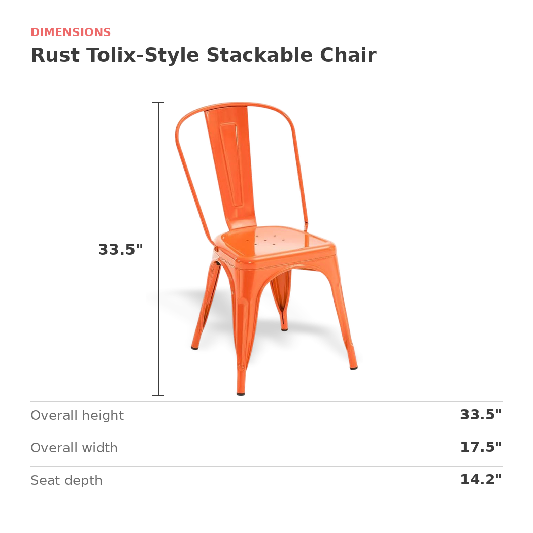 Dimensions of the rust Tolix-style stackable dining chair: 17.5 in. wide, 33.5 in. high, 14.2 in. seat depth