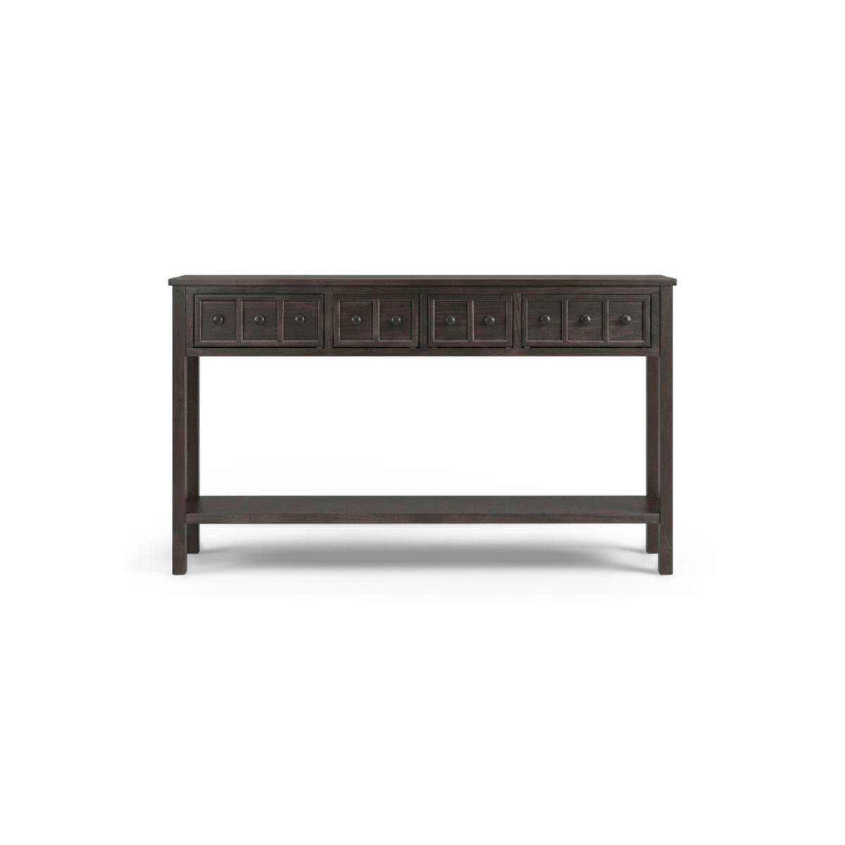 Rustic 60 inch console table with four drawers and a lower shelf on a plain #f3f3f3 studio ground