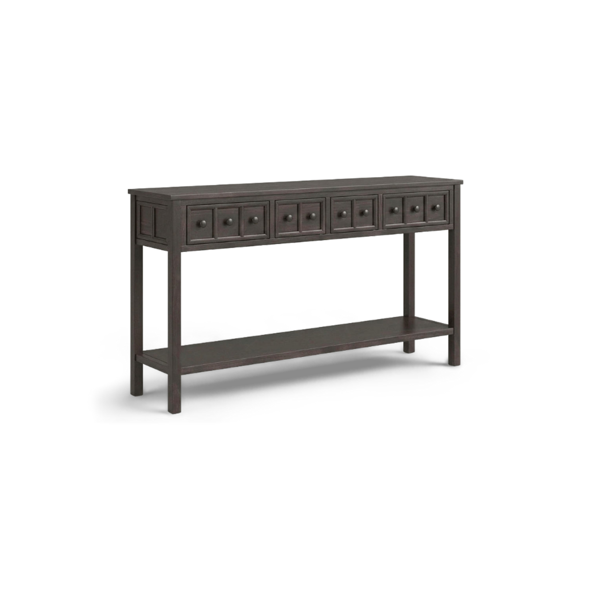 Distressed espresso console table with drawers turned at an angle on a plain #f3f3f3 studio ground