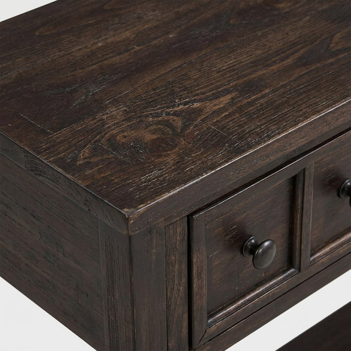 Solid top corner with distressed espresso grain (close-up detail)