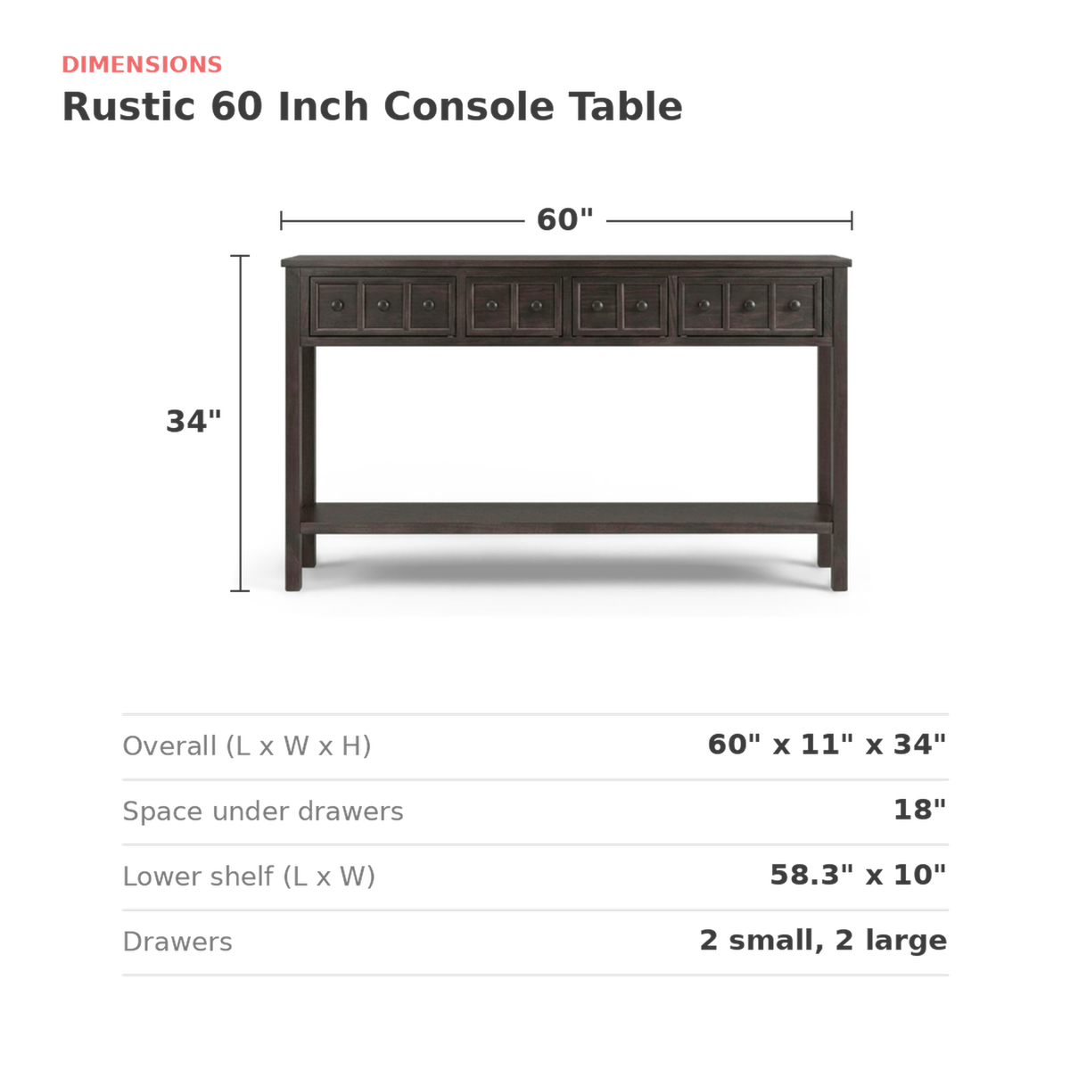 Dimensions card for the console table with length, depth and height
