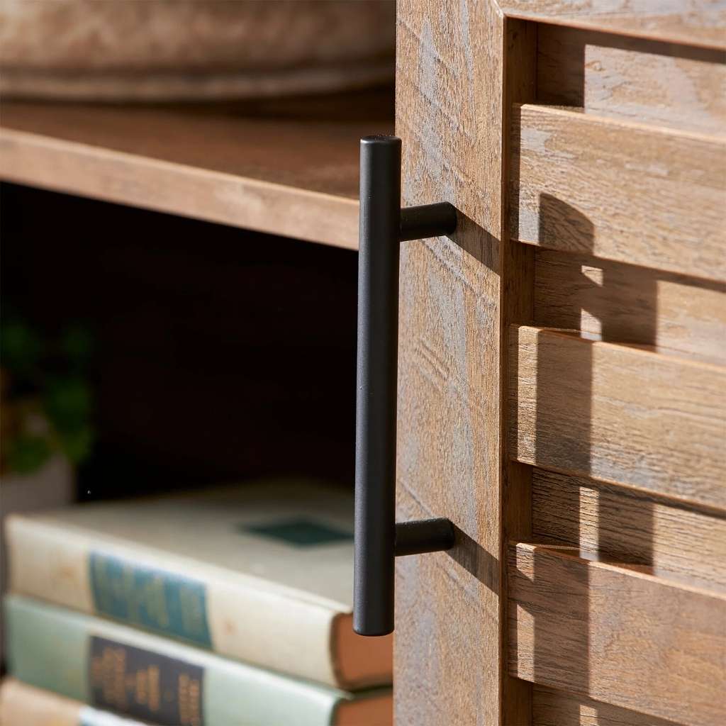 Mid-Century TV stand in a modern rustic wood finish with storage and a black metal handle.