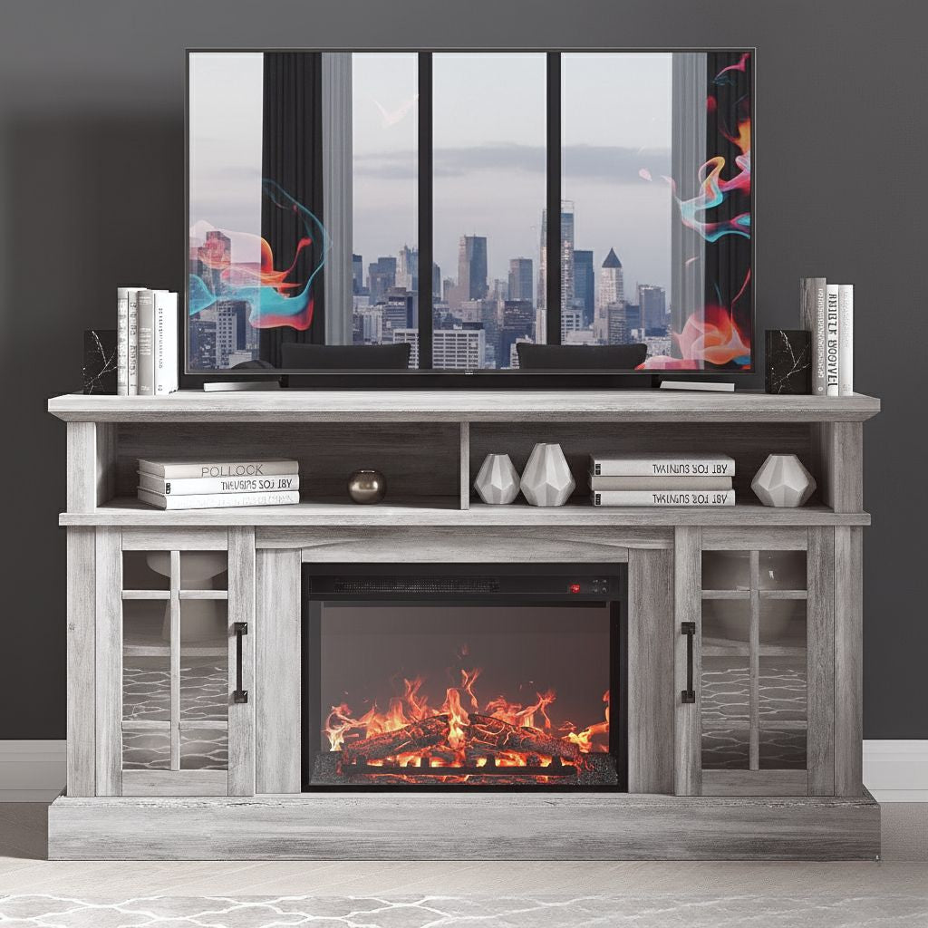 58-inch rustic TV stand with electric fireplace, storage cabinets and glass-front doors in grey-washed wood.