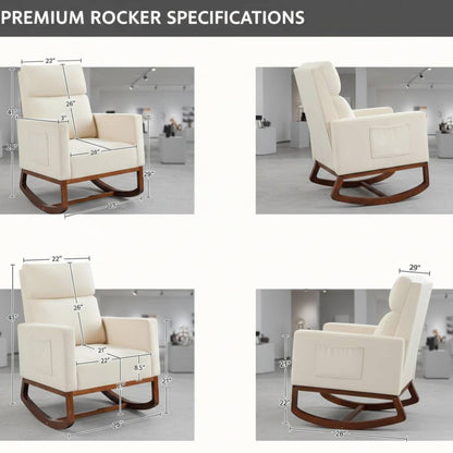 Scandinavian-rustic cream Adirondack rocker with a side storage pocket; the wooden base and light fabric complement the bright, airy room.