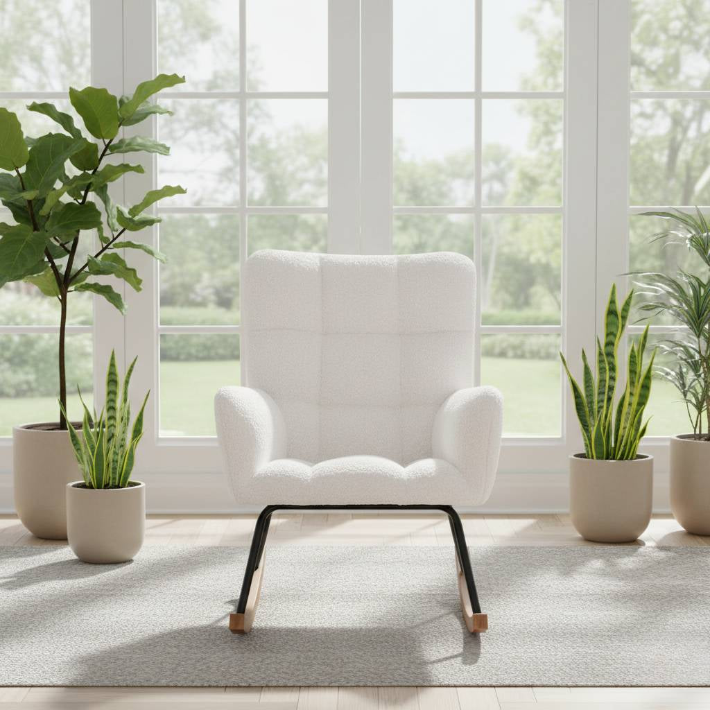 Scandinavian-inspired white bouclé rocking chair with a high-back design and light-toned wood rockers for a cozy, sophisticated interior.