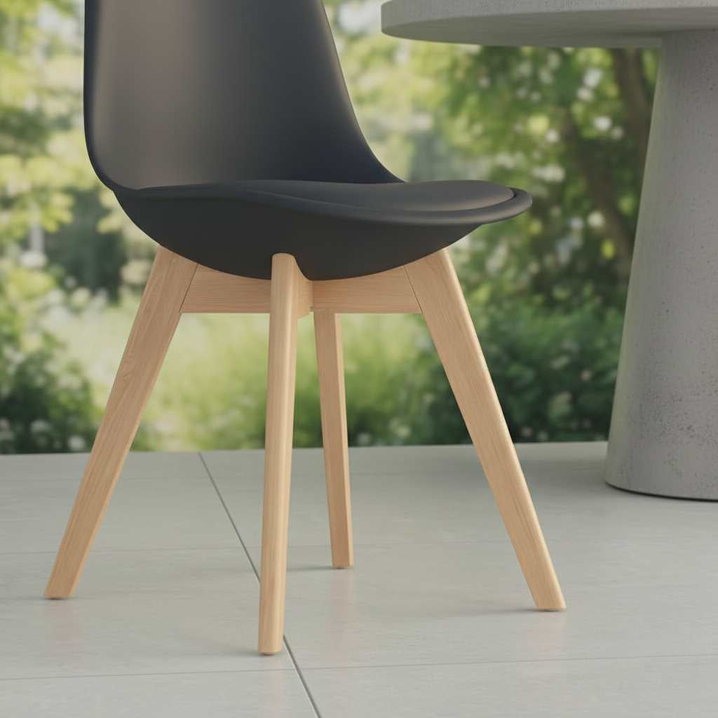 Mid-century modern black plastic shell dining chair with natural wood legs (4-piece set)