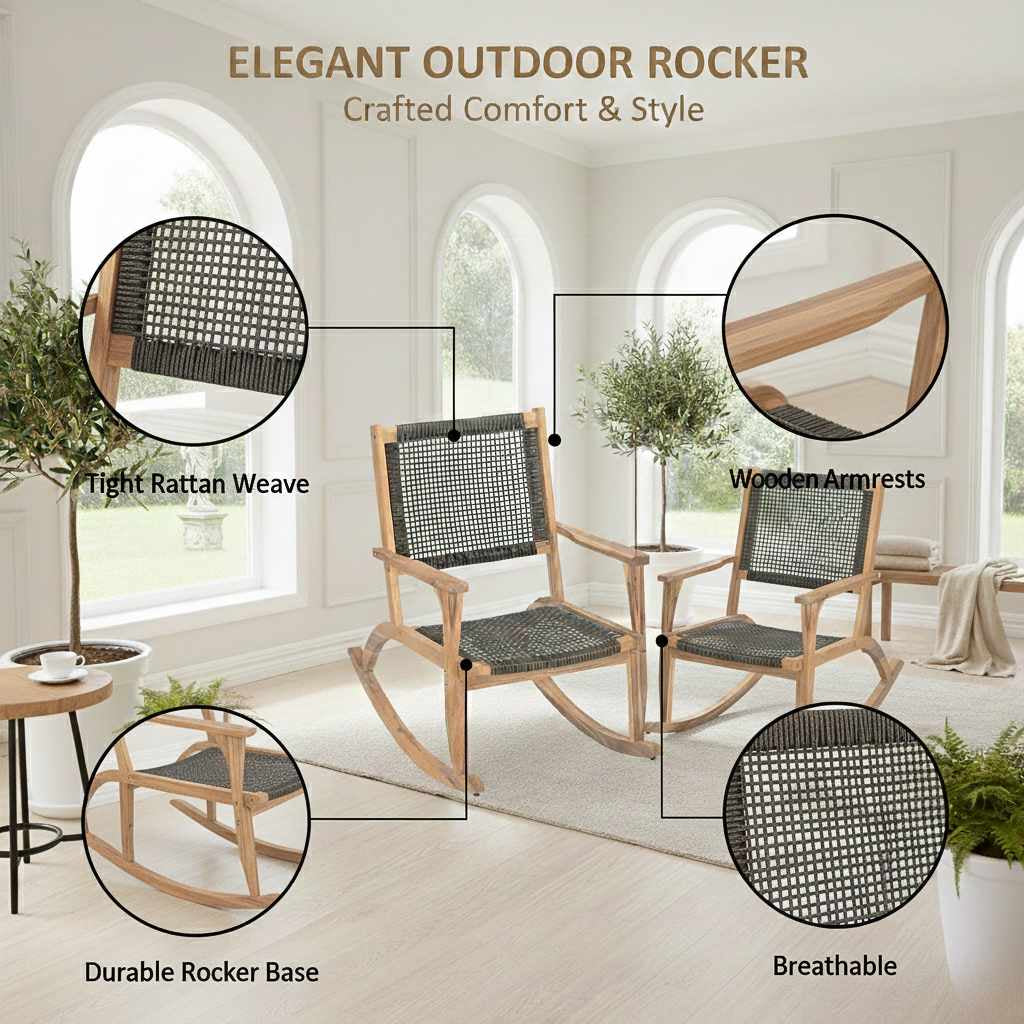 Scandinavian-style rocking chairs in natural acacia wood with woven details, catching the morning light by large glass windows.