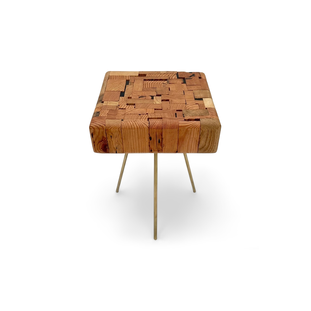 Reclaimed Wood Side Table, Handmade with Brass Hexagon Legs