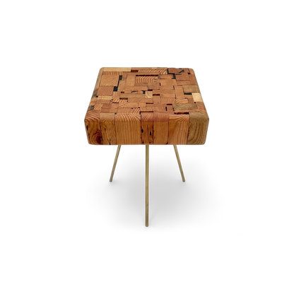 Reclaimed Wood Side Table, Handmade with Brass Hexagon Legs