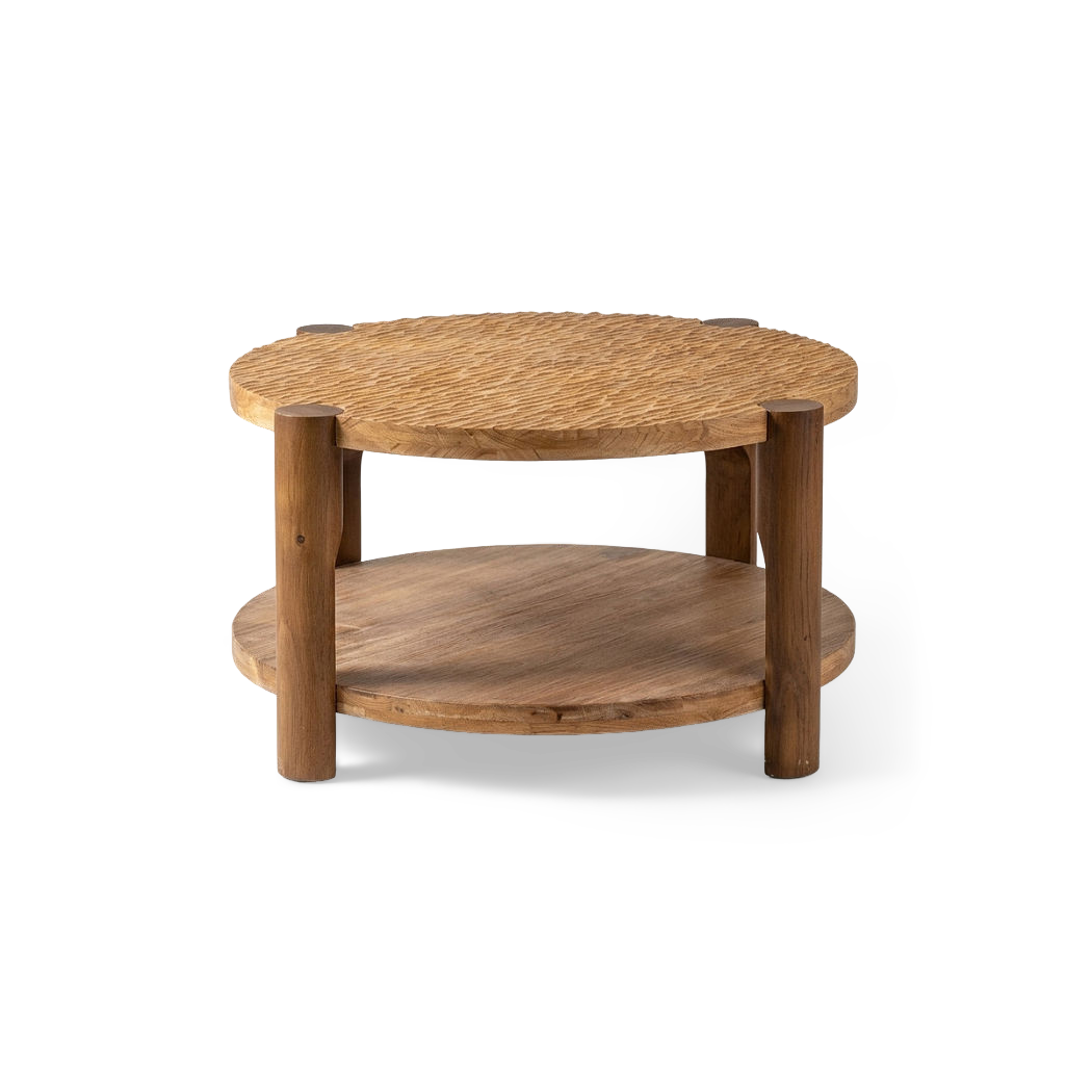 Round solid wood coffee table, rotated view