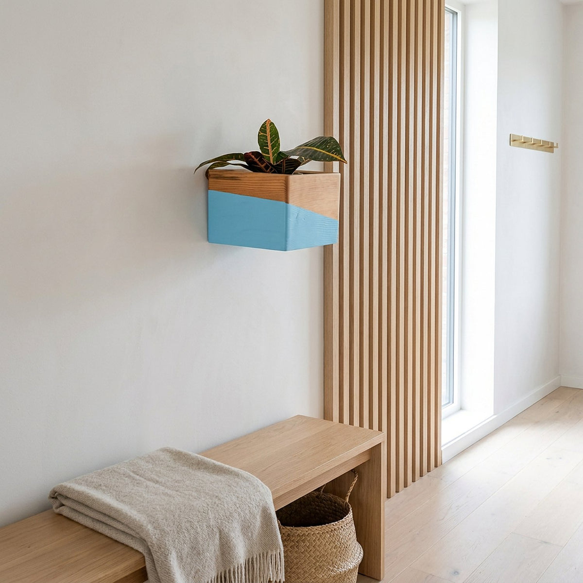 Self watering wall planter with a blue band hung above an entryway bench