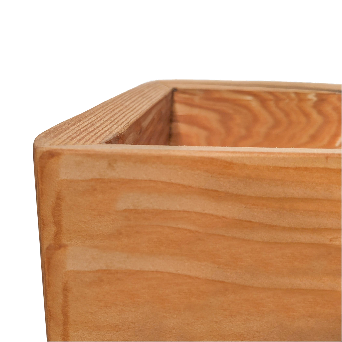 Close-up of the tung-oil rim and grain on a natural reclaimed pine wall planter (close-up detail)