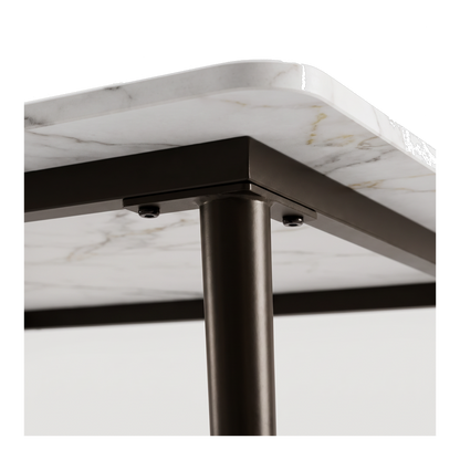 Steel under-frame with the leg bolted into its corner mounting plate (close-up detail)
