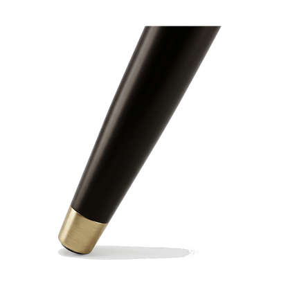 Brushed metal levelling foot cap on the end of a tapered leg (close-up detail)