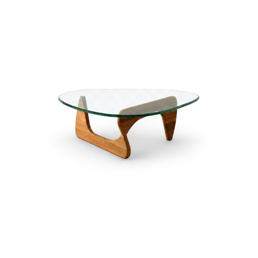 Triangular glass-top coffee table with an interlocking wood base